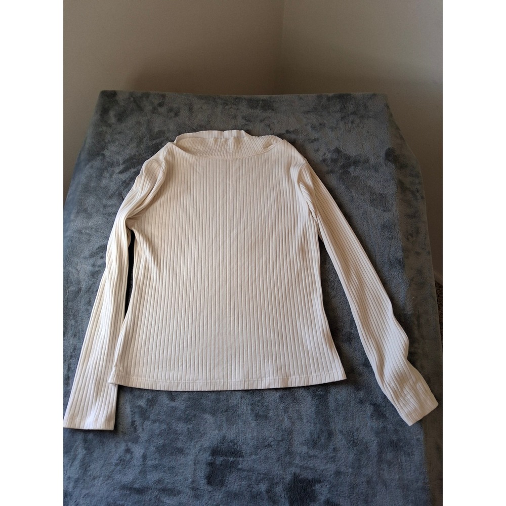 A New Day Womens Cream Ribbed Mock Neck Long Sleeve Top Size Medium Off White